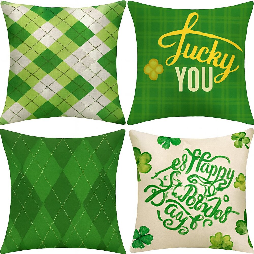 St. Patty’s Day 18x18 Pillow Covers – Green Plaid, Shamrock, Gnome – Set of 4